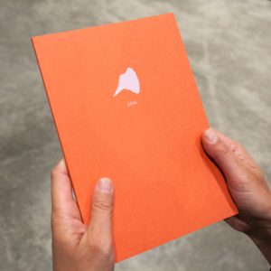 An orange softcover book held in two hands, the Rabbit Island logo in the upper center of the cover.