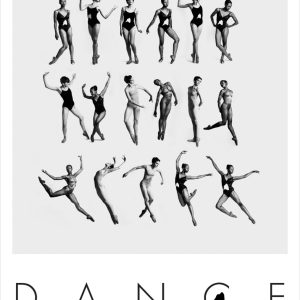A black and white print showing three rows of dancers in various poses on a light grey background. Large black text reading DANCE below, a small Rabbit Island logo is positioned within the "C".